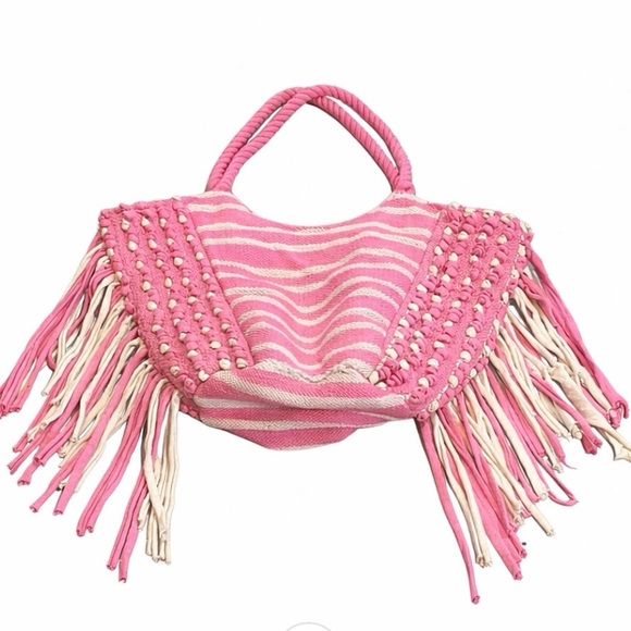 NO BOUNDARIES STRIPED FRINGED FABRIC WOVEN TOTE BAG BUBBLEGUM PINK - Picture 3 of 9